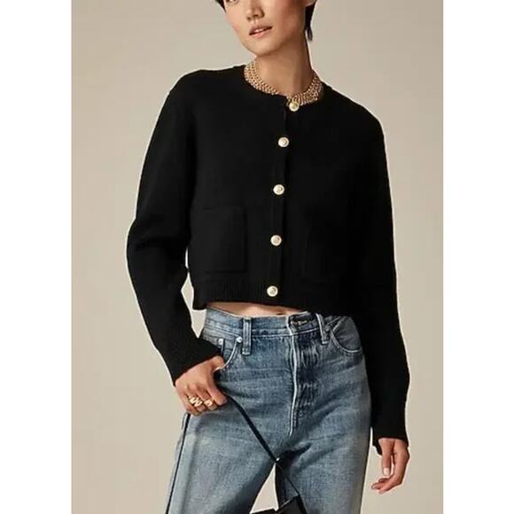 J. Crew Emilie Sweater Lady Jacket Gold Button Pocket Cropped Cardigan Black - Picture 3 of 11
